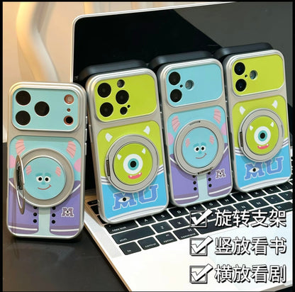Cute Monster Inc Mike Wazowski Sulley Cartoon Phone Case, 360° Rotatable Magnetic Ring Kickstand Shockproof Protective Cover for iPhone  Foldable Phones