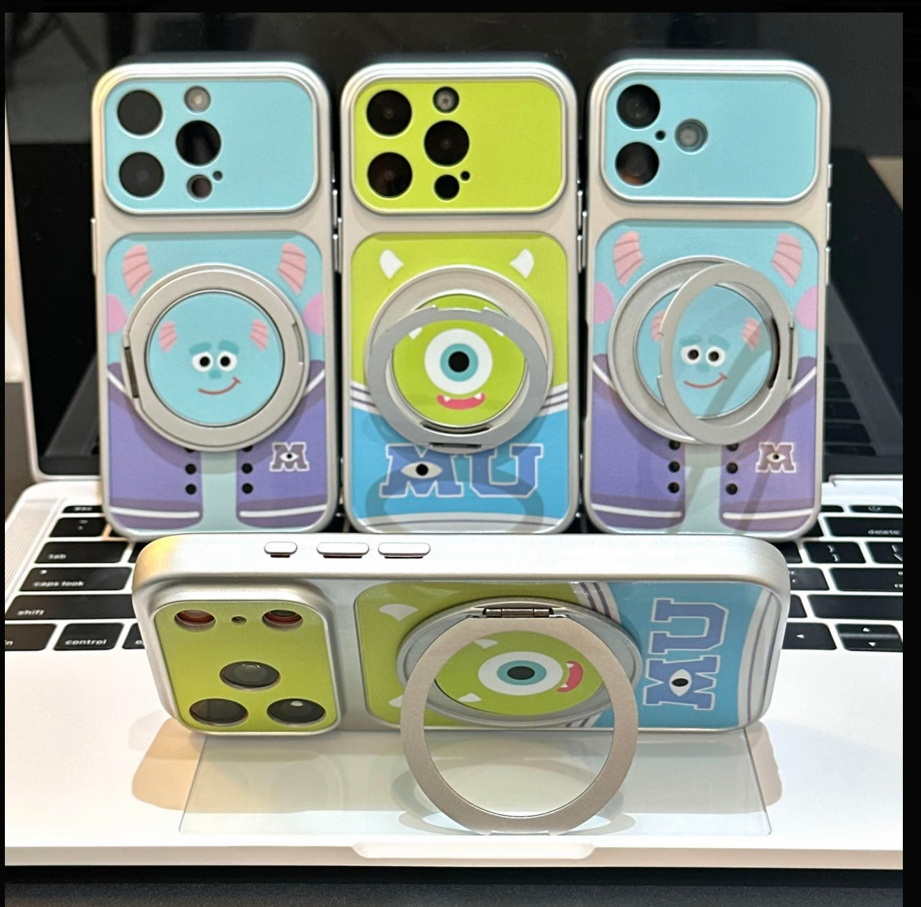 Cute Monster Inc Mike Wazowski Sulley Cartoon Phone Case, 360° Rotatable Magnetic Ring Kickstand Shockproof Protective Cover for iPhone  Foldable Phones