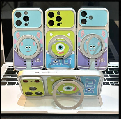 Cute Monster Inc Mike Wazowski Sulley Cartoon Phone Case, 360° Rotatable Magnetic Ring Kickstand Shockproof Protective Cover for iPhone  Foldable Phones