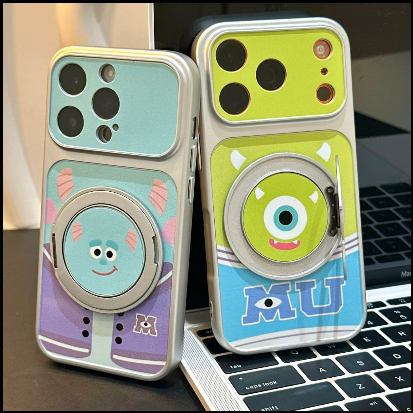 Cute Monster Inc Mike Wazowski Sulley Cartoon Phone Case, 360° Rotatable Magnetic Ring Kickstand Shockproof Protective Cover for iPhone  Foldable Phones