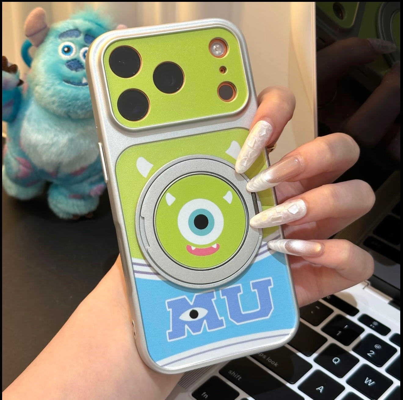 Cute Monster Inc Mike Wazowski Sulley Cartoon Phone Case, 360° Rotatable Magnetic Ring Kickstand Shockproof Protective Cover for iPhone  Foldable Phones