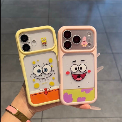 Adorable SpongeBob and Patrick Star printed phone case with unique split large camera window design, full edge anti-drop shockproof structure, glossy bright color frame, kawaii cartoon aesthetic, compatible with all iPhone