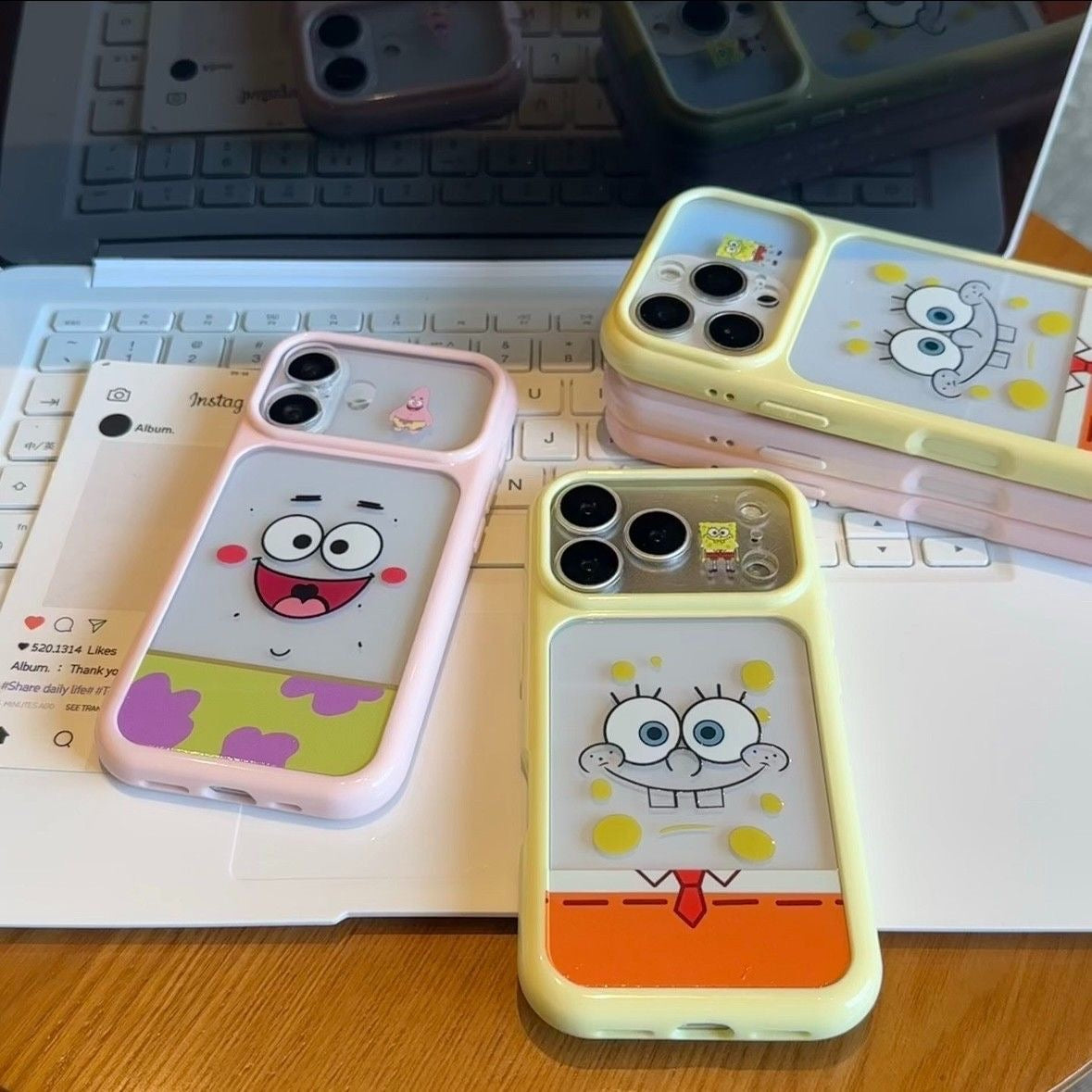 Adorable SpongeBob and Patrick Star printed phone case with unique split large camera window design, full edge anti-drop shockproof structure, glossy bright color frame, kawaii cartoon aesthetic, compatible with all iPhone