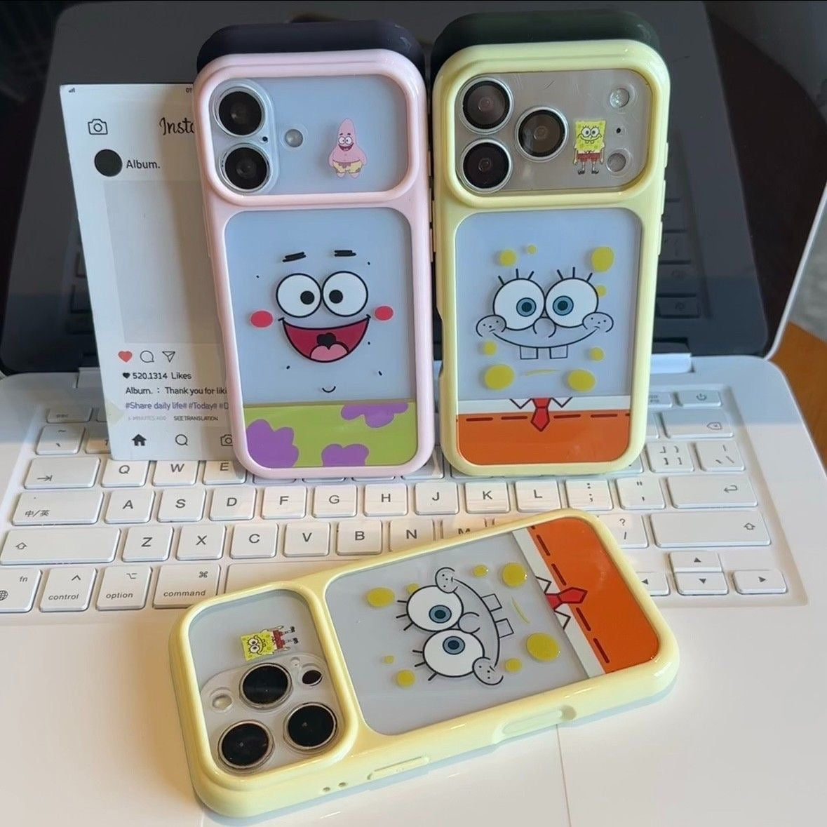 Adorable SpongeBob and Patrick Star printed phone case with unique split large camera window design, full edge anti-drop shockproof structure, glossy bright color frame, kawaii cartoon aesthetic, compatible with all iPhone