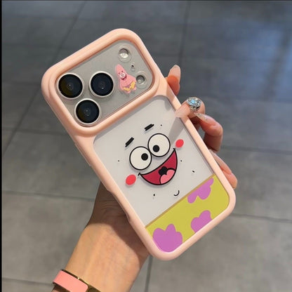 Adorable SpongeBob and Patrick Star printed phone case with unique split large camera window design, full edge anti-drop shockproof structure, glossy bright color frame, kawaii cartoon aesthetic, compatible with all iPhone