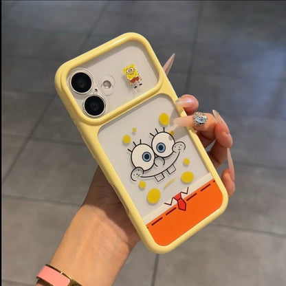 Adorable SpongeBob and Patrick Star printed phone case with unique split large camera window design, full edge anti-drop shockproof structure, glossy bright color frame, kawaii cartoon aesthetic, compatible with all iPhone