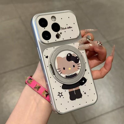 Gothic Black Dress Hello Kitty Cartoon Phone Case, 360° Rotatable Magnetic Ring Kickstand Polka Dot Star Print Anti-Drop Protective Cover for iPhone