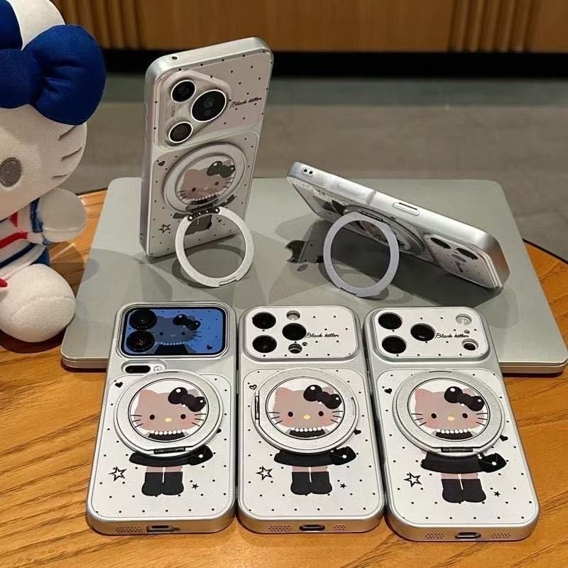 Gothic Black Dress Hello Kitty Cartoon Phone Case, 360° Rotatable Magnetic Ring Kickstand Polka Dot Star Print Anti-Drop Protective Cover for iPhone