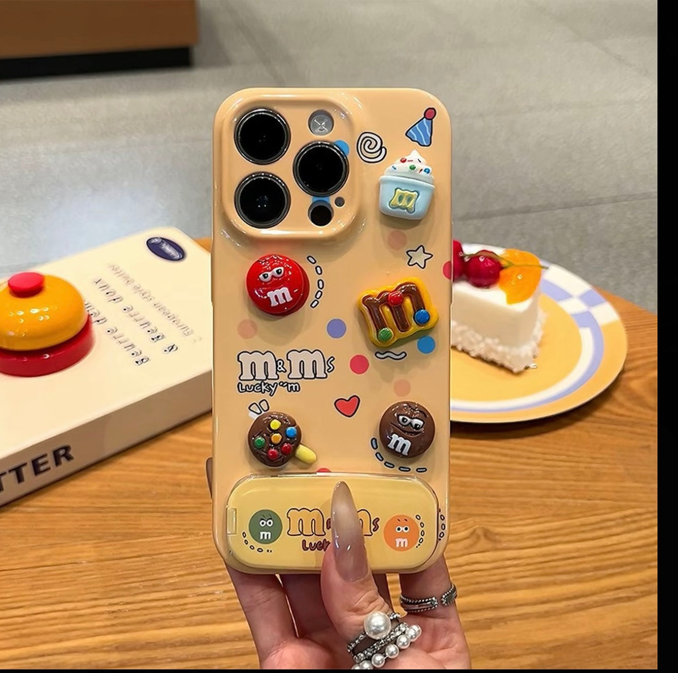 Cute 3D M&M Candy Bean Phone Case Built-in Foldable Makeup Mirror Stand Glossy Shockproof Phone Cover For iPhone