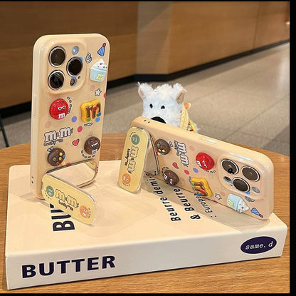 Cute 3D M&M Candy Bean Phone Case Built-in Foldable Makeup Mirror Stand Glossy Shockproof Phone Cover For iPhone