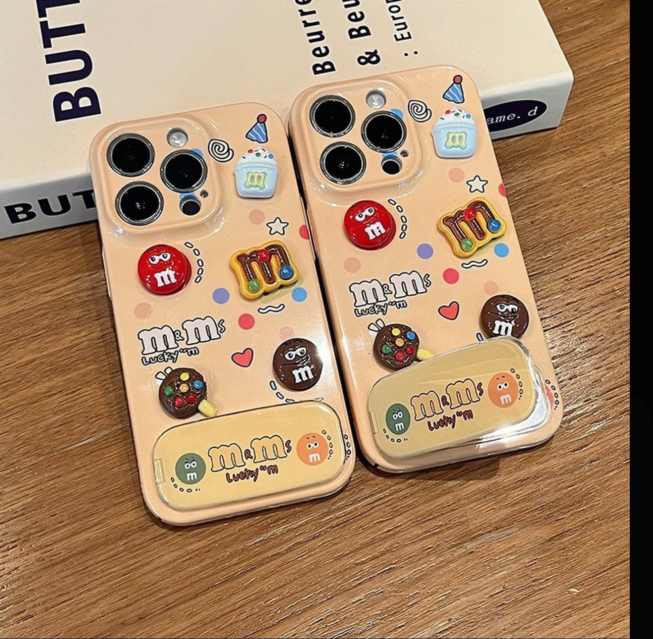 Cute 3D M&M Candy Bean Phone Case Built-in Foldable Makeup Mirror Stand Glossy Shockproof Phone Cover For iPhone