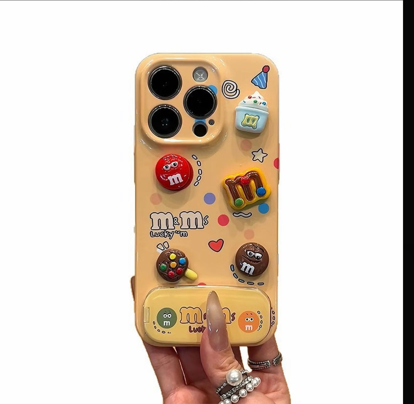 Cute 3D M&M Candy Bean Phone Case Built-in Foldable Makeup Mirror Stand Glossy Shockproof Phone Cover For iPhone