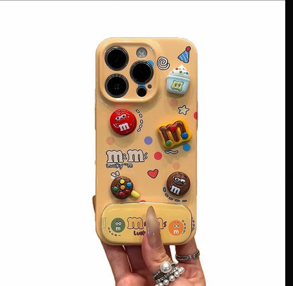 Cute 3D M&M Candy Bean Phone Case Built-in Foldable Makeup Mirror Stand Glossy Shockproof Phone Cover For iPhone