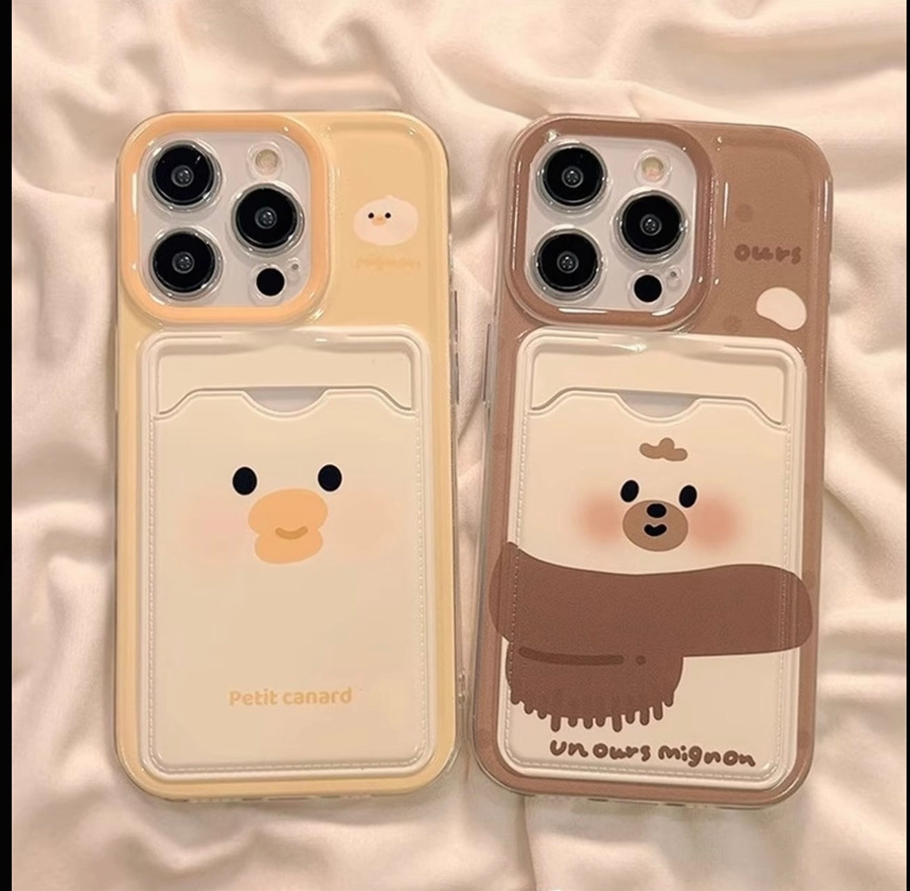 Kawaii Cute Duck & Bear Card Slot Phone Case Soft Glossy Wallet Design Shockproof Phone Cover For iPhone Series