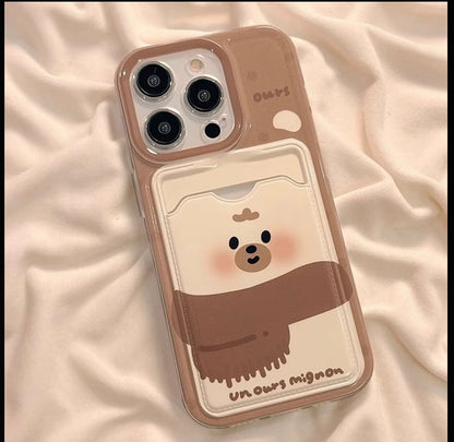 Kawaii Cute Duck & Bear Card Slot Phone Case Soft Glossy Wallet Design Shockproof Phone Cover For iPhone Series