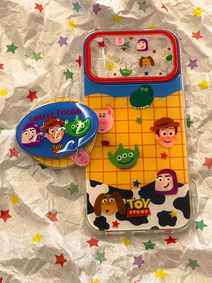 Kawaii  Toy Story Woody Alien Piggy Phone Case Detachable Charm Pendant Large Camera Window Transparent Soft Phone Cover For iPhone Series