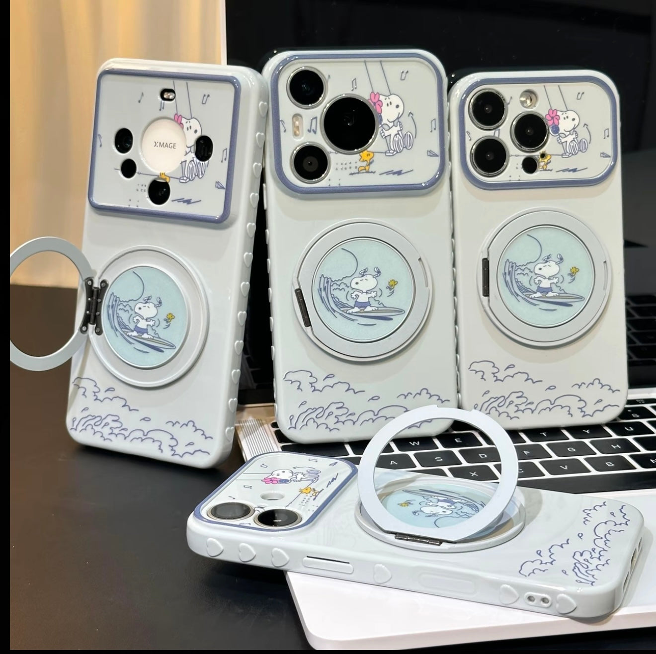 Kawaii Ocean Wave Snoopy Cartoon Phone Case Rotatable Mirror Bracket Large Camera Frame Anti-drop Phone Case For All Smartphones