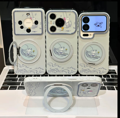 Kawaii Ocean Wave Snoopy Cartoon Phone Case Rotatable Mirror Bracket Large Camera Frame Anti-drop Phone Case For All Smartphones