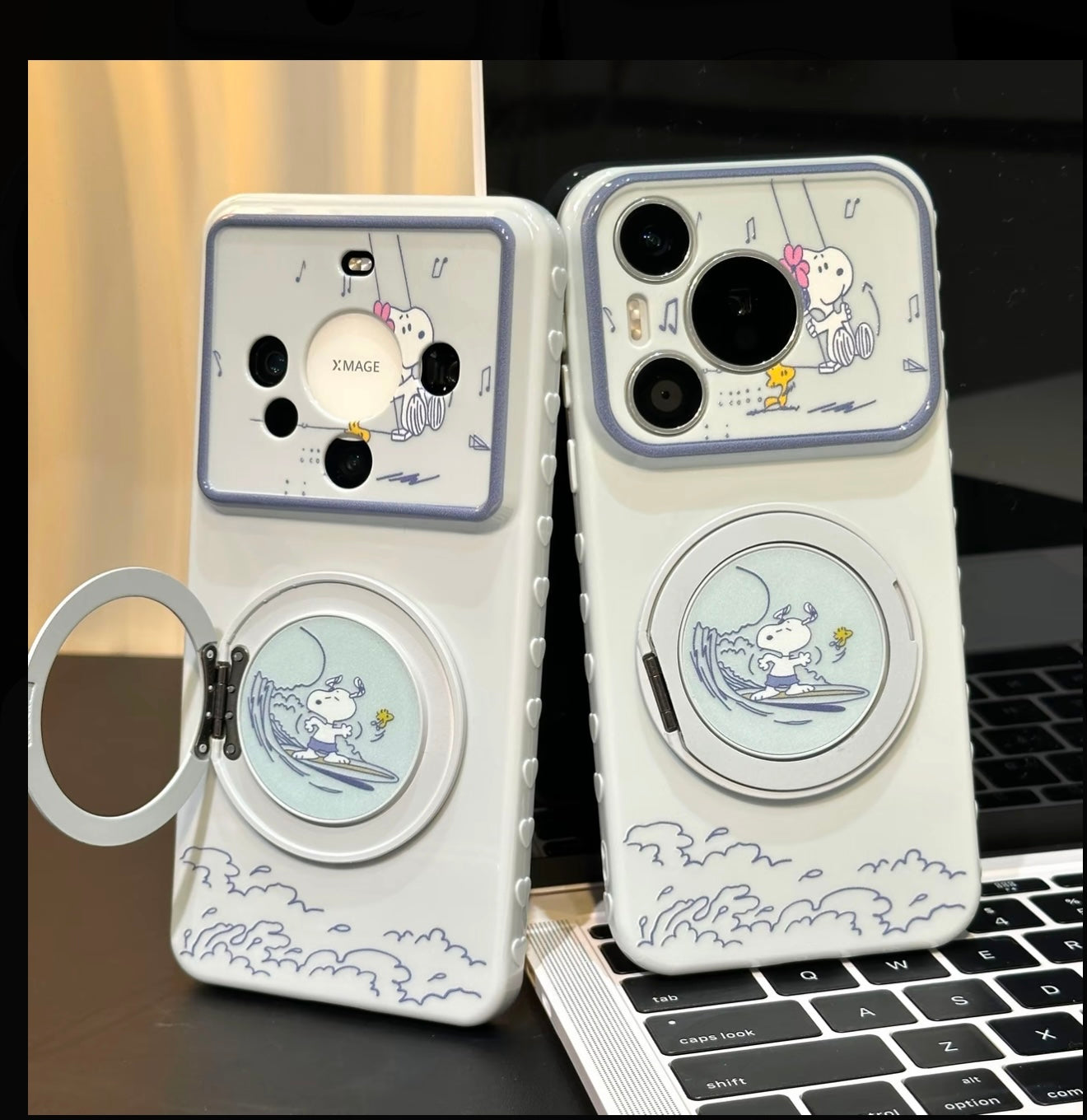 Kawaii Ocean Wave Snoopy Cartoon Phone Case Rotatable Mirror Bracket Large Camera Frame Anti-drop Phone Case For All Smartphones