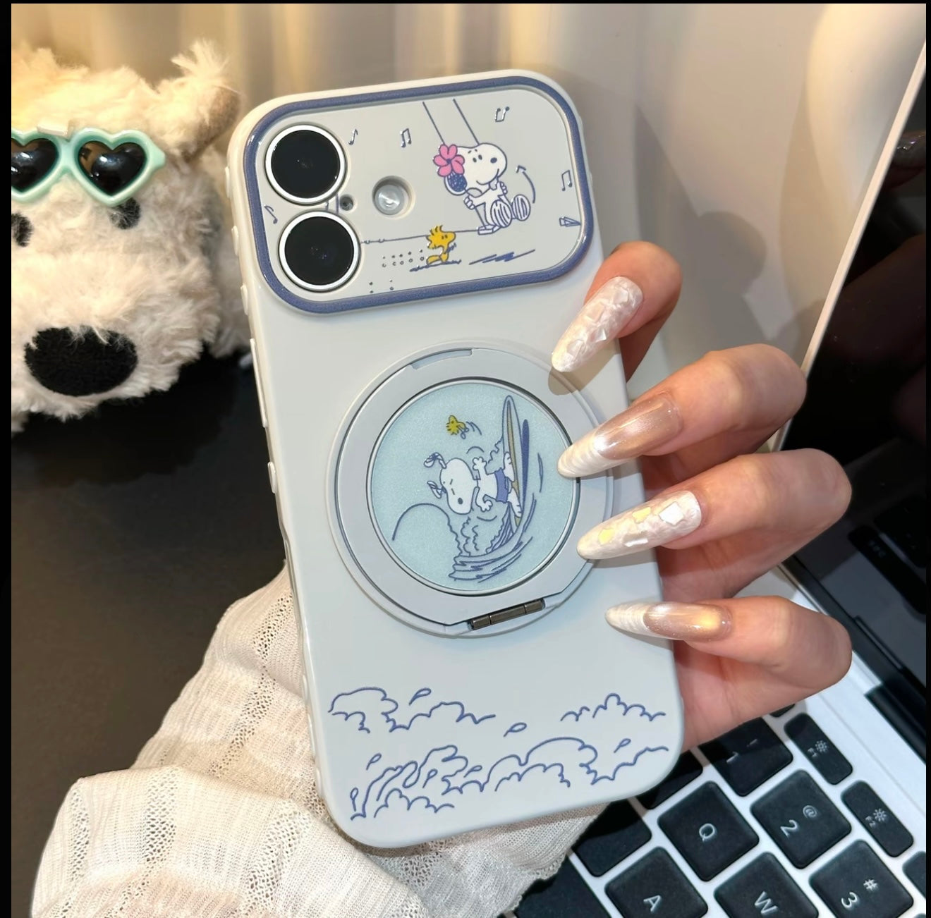 Kawaii Ocean Wave Snoopy Cartoon Phone Case Rotatable Mirror Bracket Large Camera Frame Anti-drop Phone Case For All Smartphones