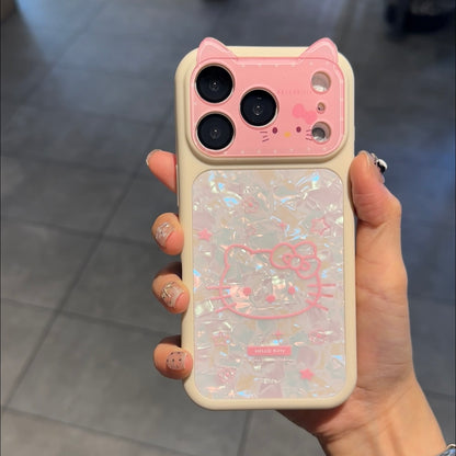 Cute 3D Cat Ear Hello Kitty Phone Case Glitter Shell Pattern Lens Flip Protective Cover For iPhone 15 14 13 12 Pro Max Shockproof Soft Silicone Case