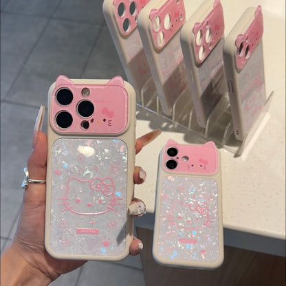 Cute 3D Cat Ear Hello Kitty Phone Case Glitter Shell Pattern Lens Flip Protective Cover For iPhone 15 14 13 12 Pro Max Shockproof Soft Silicone Case