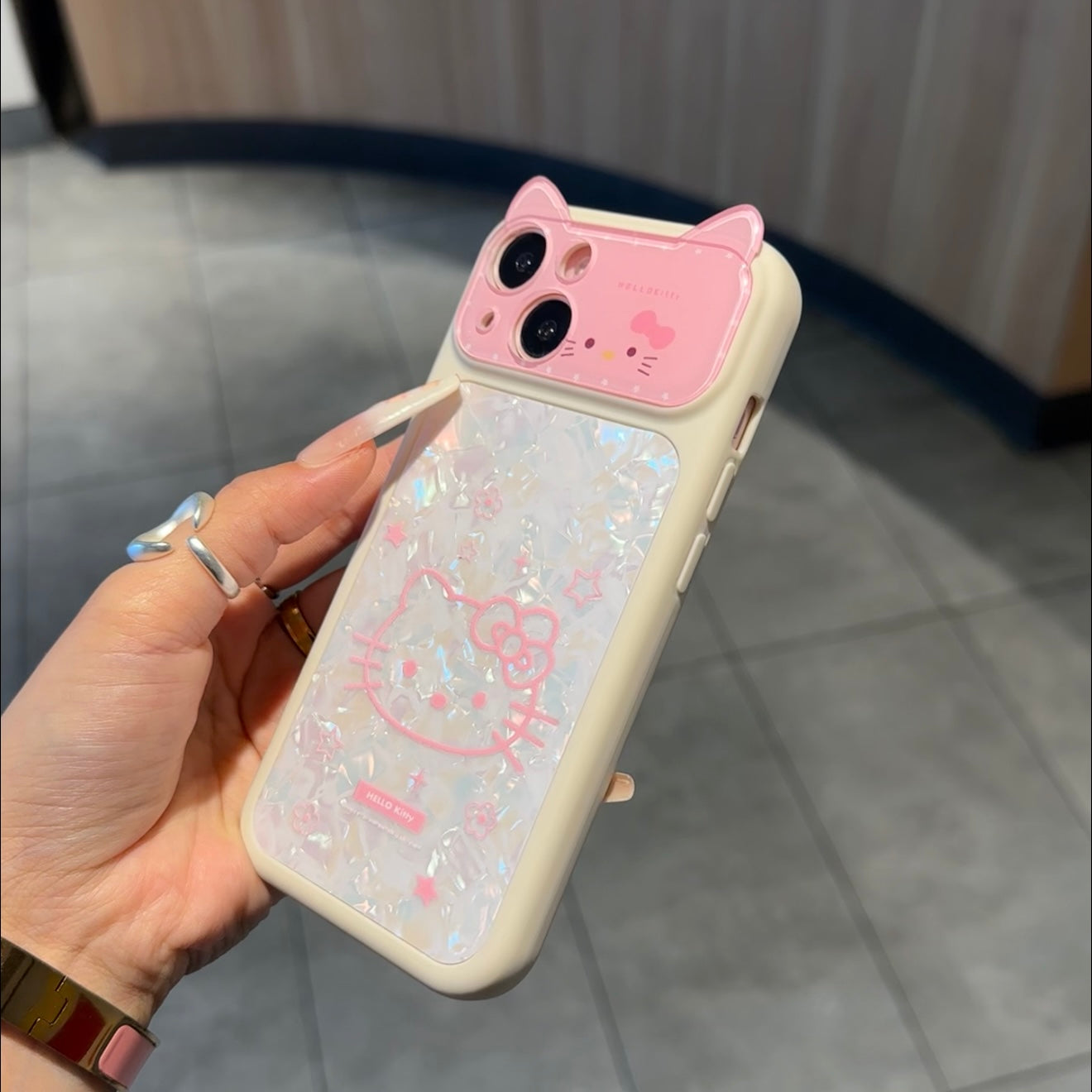 Cute 3D Cat Ear Hello Kitty Phone Case Glitter Shell Pattern Lens Flip Protective Cover For iPhone 15 14 13 12 Pro Max Shockproof Soft Silicone Case