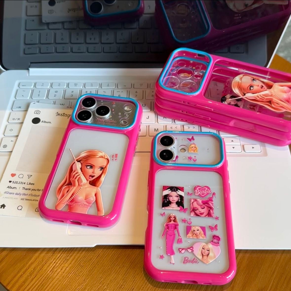 Vintage Cute Barbie Flip Lens Window Phone Case Kawaii Pink Frame Shockproof Soft Silicone Protective Cover For iPhone 17 16 15 14 13 12 Pro Max Girly Aesthetic Phone Shell