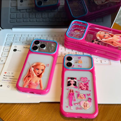 Vintage Cute Barbie Flip Lens Window Phone Case Kawaii Pink Frame Shockproof Soft Silicone Protective Cover For iPhone 17 16 15 14 13 12 Pro Max Girly Aesthetic Phone Shell