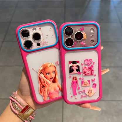 Vintage Cute Barbie Flip Lens Window Phone Case Kawaii Pink Frame Shockproof Soft Silicone Protective Cover For iPhone 17 16 15 14 13 12 Pro Max Girly Aesthetic Phone Shell