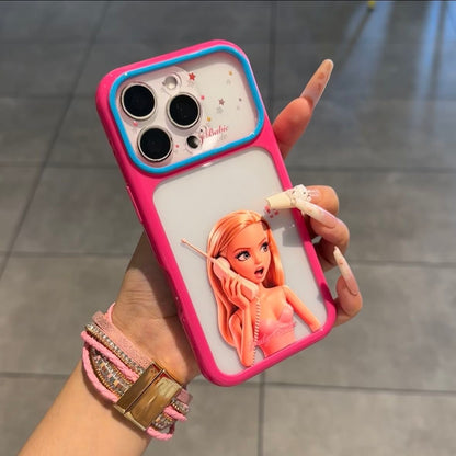 Vintage Cute Barbie Flip Lens Window Phone Case Kawaii Pink Frame Shockproof Soft Silicone Protective Cover For iPhone 17 16 15 14 13 12 Pro Max Girly Aesthetic Phone Shell