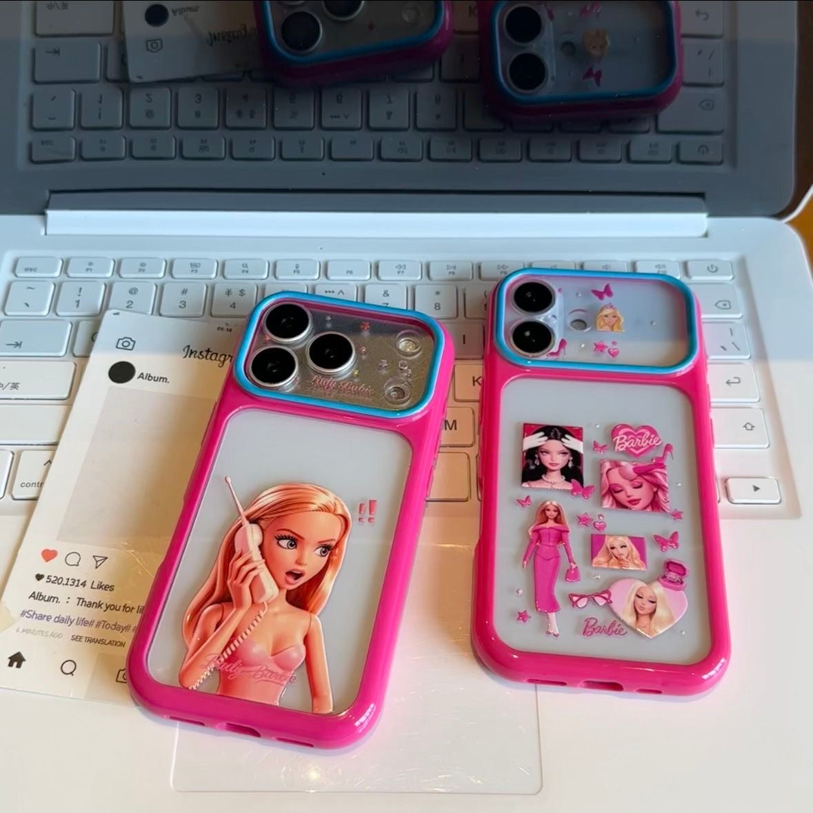 Vintage Cute Barbie Flip Lens Window Phone Case Kawaii Pink Frame Shockproof Soft Silicone Protective Cover For iPhone 17 16 15 14 13 12 Pro Max Girly Aesthetic Phone Shell
