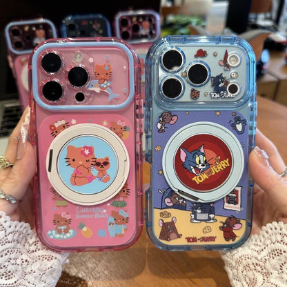 Cute Hello Kitty & Tom and Jerry phone case built-in magnetic ring kickstand, transparent anti-drop soft cover, compatible with all iPhone models, stylish cartoon design for daily use.