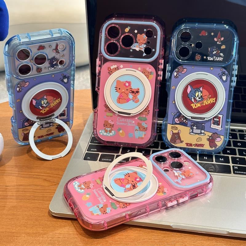 Cute Hello Kitty & Tom and Jerry phone case built-in magnetic ring kickstand, transparent anti-drop soft cover, compatible with all iPhone models, stylish cartoon design for daily use.