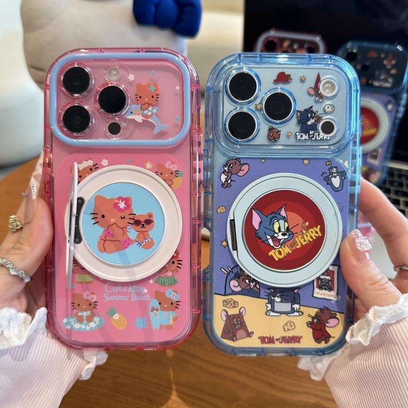 Cute Hello Kitty & Tom and Jerry phone case built-in magnetic ring kickstand, transparent anti-drop soft cover, compatible with all iPhone models, stylish cartoon design for daily use.
