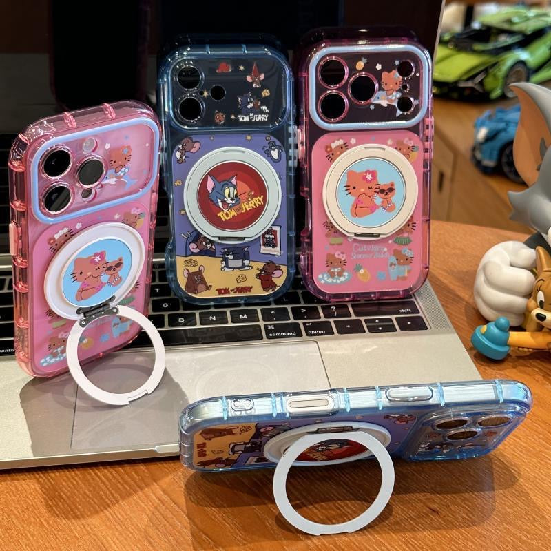 Cute Hello Kitty & Tom and Jerry phone case built-in magnetic ring kickstand, transparent anti-drop soft cover, compatible with all iPhone models, stylish cartoon design for daily use.