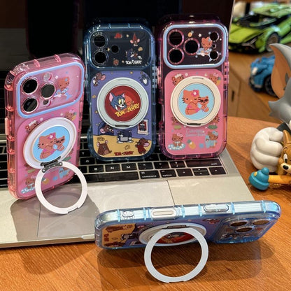Cute Hello Kitty & Tom and Jerry phone case built-in magnetic ring kickstand, transparent anti-drop soft cover, compatible with all iPhone models, stylish cartoon design for daily use.