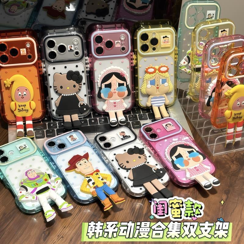Cute 3D Stereo Cartoon Doll Figure Transparent Phone Case with Foldable Hidden Kickstand, Vertical & Horizontal Viewing Bracket, Raised Camera Anti-Drop Soft TPU Protective Cover for iPhone Series