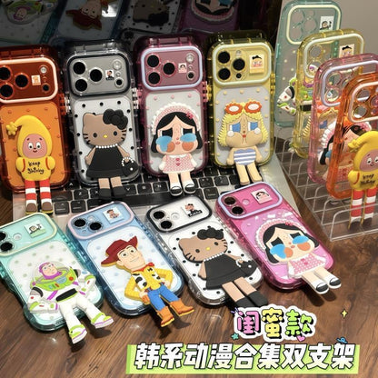 Cute 3D Stereo Cartoon Doll Figure Transparent Phone Case with Foldable Hidden Kickstand, Vertical & Horizontal Viewing Bracket, Raised Camera Anti-Drop Soft TPU Protective Cover for iPhone Series
