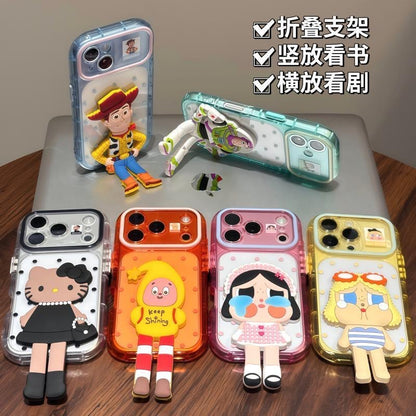 Cute 3D Stereo Cartoon Doll Figure Transparent Phone Case with Foldable Hidden Kickstand, Vertical & Horizontal Viewing Bracket, Raised Camera Anti-Drop Soft TPU Protective Cover for iPhone Series