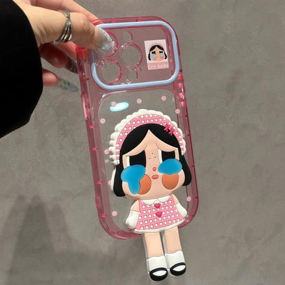 Cute 3D Stereo Cartoon Doll Figure Transparent Phone Case with Foldable Hidden Kickstand, Vertical & Horizontal Viewing Bracket, Raised Camera Anti-Drop Soft TPU Protective Cover for iPhone Series