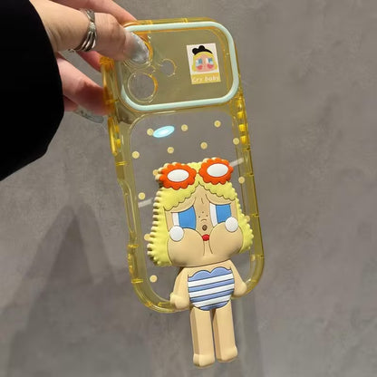 Cute 3D Stereo Cartoon Doll Figure Transparent Phone Case with Foldable Hidden Kickstand, Vertical & Horizontal Viewing Bracket, Raised Camera Anti-Drop Soft TPU Protective Cover for iPhone Series