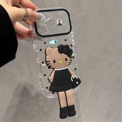 Cute 3D Stereo Cartoon Doll Figure Transparent Phone Case with Foldable Hidden Kickstand, Vertical & Horizontal Viewing Bracket, Raised Camera Anti-Drop Soft TPU Protective Cover for iPhone Series
