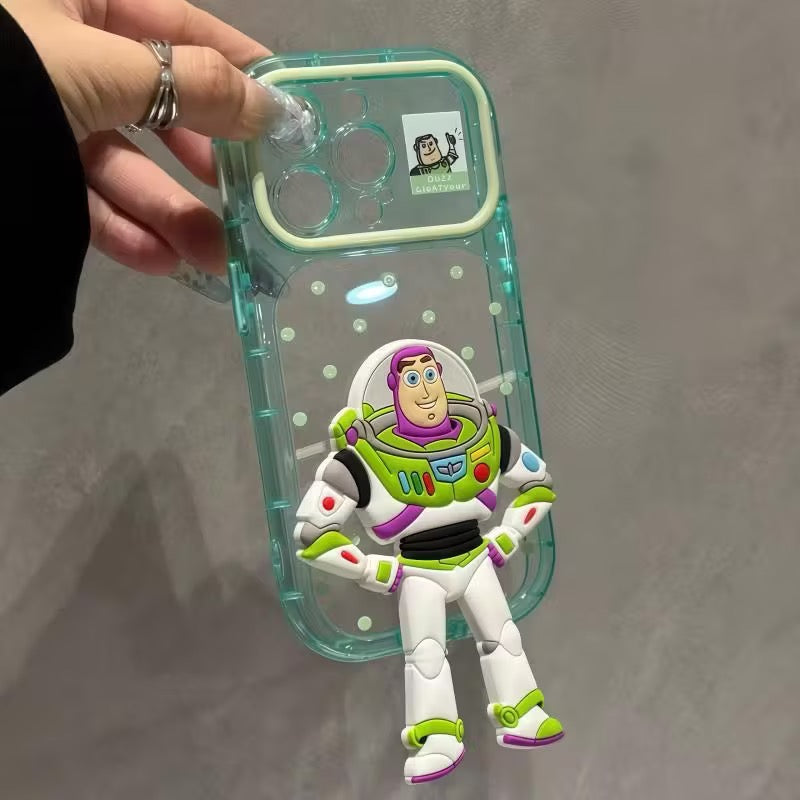 Cute 3D Stereo Cartoon Doll Figure Transparent Phone Case with Foldable Hidden Kickstand, Vertical & Horizontal Viewing Bracket, Raised Camera Anti-Drop Soft TPU Protective Cover for iPhone Series