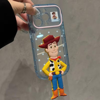 Cute 3D Stereo Cartoon Doll Figure Transparent Phone Case with Foldable Hidden Kickstand, Vertical & Horizontal Viewing Bracket, Raised Camera Anti-Drop Soft TPU Protective Cover for iPhone Series