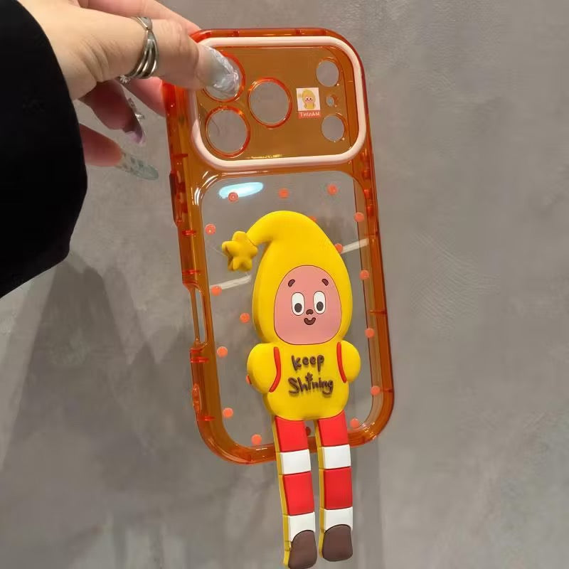 Cute 3D Stereo Cartoon Doll Figure Transparent Phone Case with Foldable Hidden Kickstand, Vertical & Horizontal Viewing Bracket, Raised Camera Anti-Drop Soft TPU Protective Cover for iPhone Series