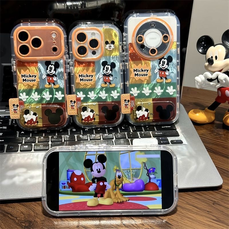 Vintage Mickey Mouse Cartoon Character Printed Transparent Phone Case, Large Camera Frame For iPhone