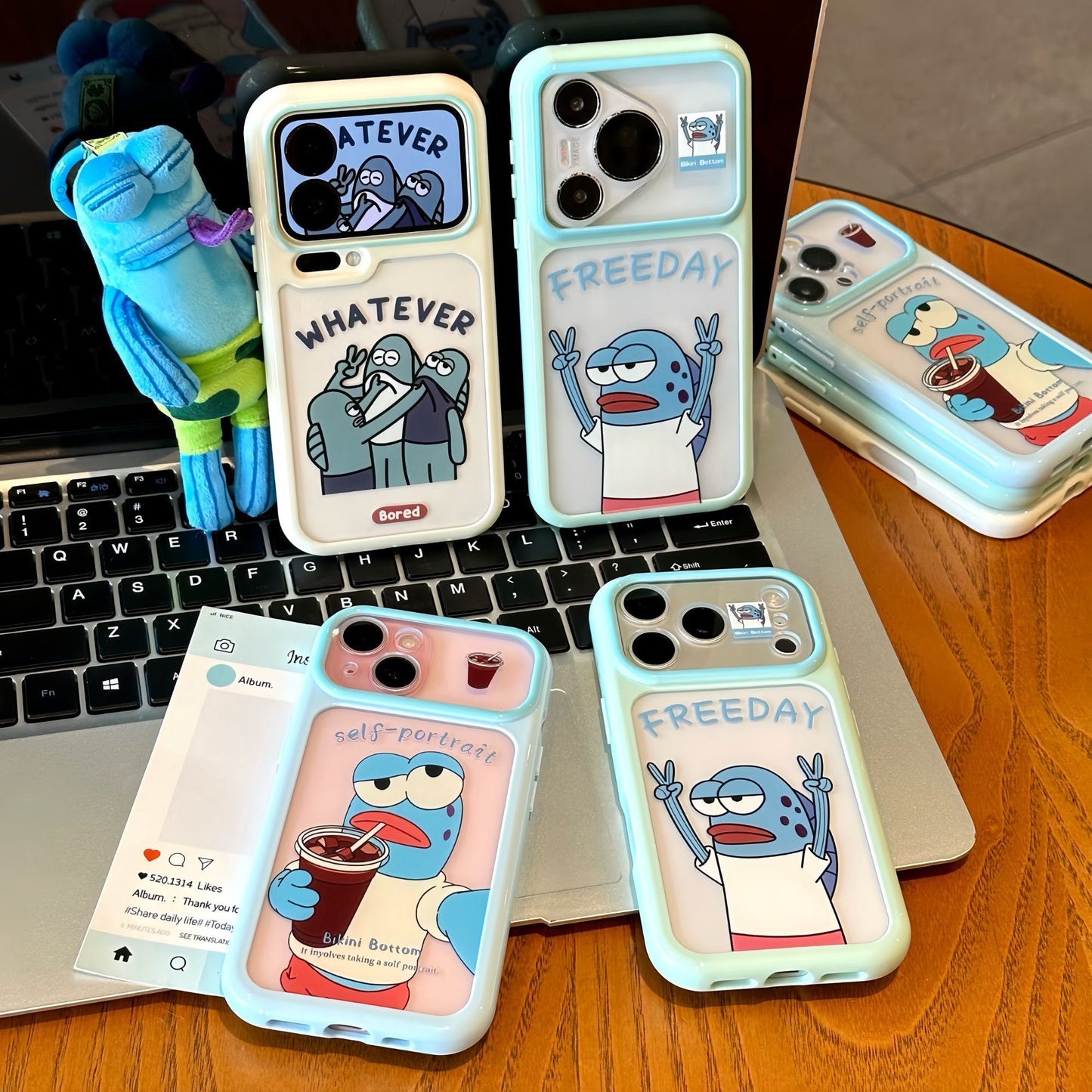 Funny Cartoon Blue Bikini Bottom Fish Character Pattern, Full Camera Lens Cutout Shockproof Protective Cover For iPhone All Series