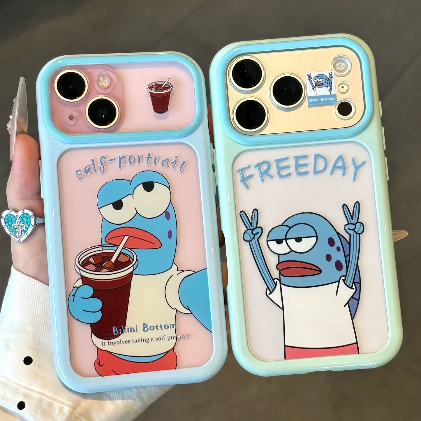 Funny Cartoon Blue Bikini Bottom Fish Character Pattern, Full Camera Lens Cutout Shockproof Protective Cover For iPhone All Series