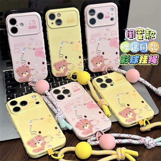 Pastel Color Large Window Lens Frame Phone Case, Cartoon Bow White Hello Kitty & Brown Bear Pattern, Free Matching Pom-pom Bead Lanyard For Iphone